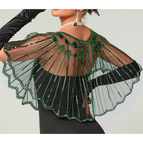 Women's Green 1920s Shawl Sequin Beaded Evening Cape Retro Wedding Wraps Scarf - Picture 3 of 7